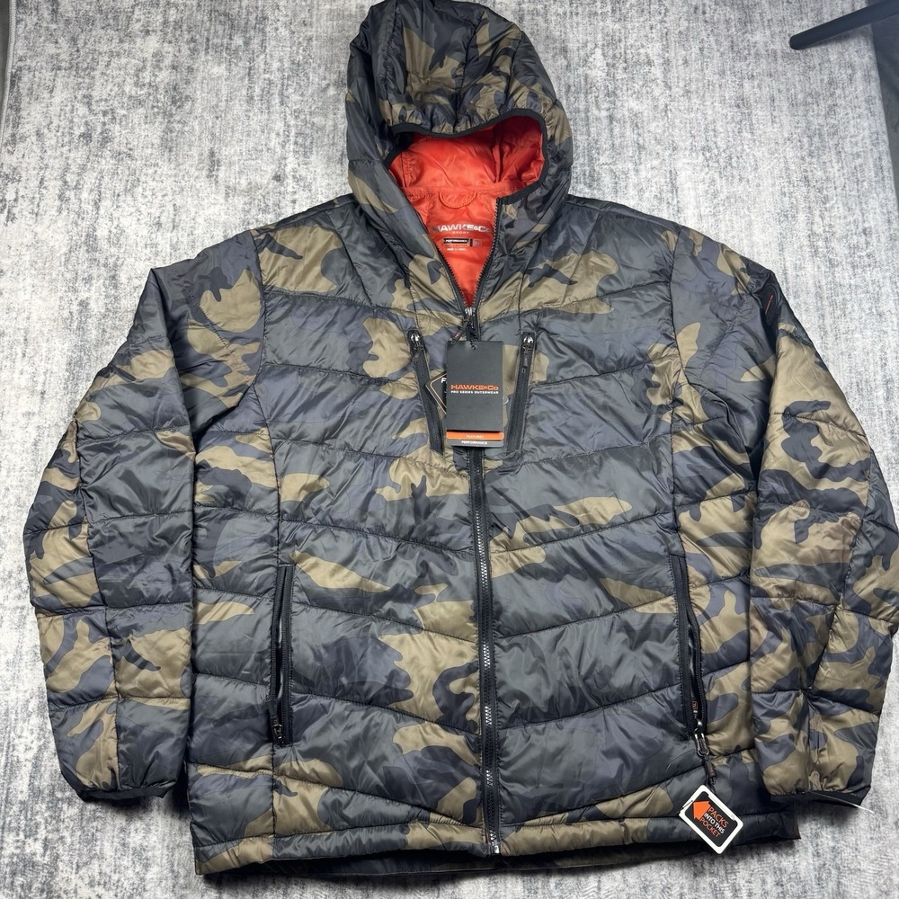 New Hawks&Co Men's Camouflage Puffer Jacket with Orange Hood Lining Size XL